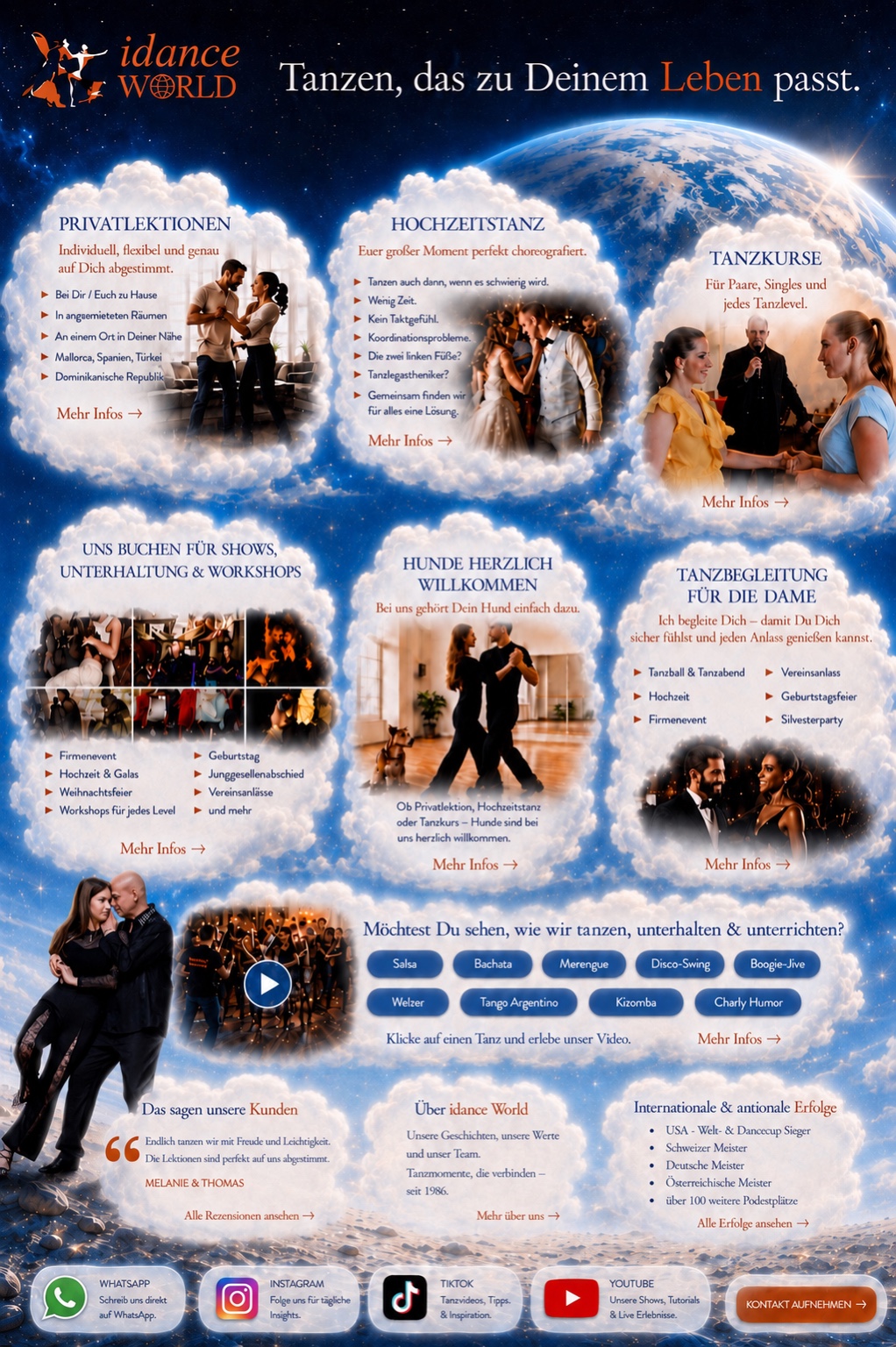 idance World Startseite mit Privatlektionen, Hochzeitstanz, Tanzkursen, Shows, Videos, Bewertungen und Kontaktmöglichkeiten
